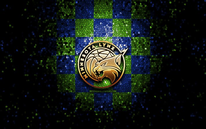 Minnesota Lynx, logotipo brilhante, WNBA, fundo xadrez azul verde, basquete, time americano de basquete, logotipo do Minnesota Lynx, arte em mosaico