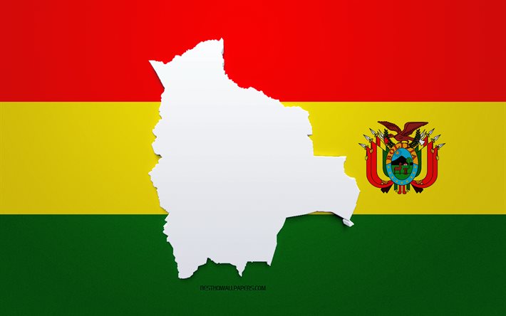 Silhouette de carte de la Bolivie, drapeau de la Bolivie, silhouette sur le drapeau, Bolivie, silhouette de carte de la Bolivie 3d, carte 3d de la Bolivie