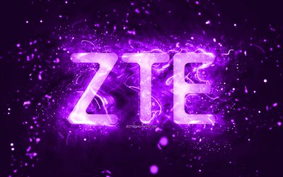 ZTE logo viola, 4k, neon viola, creativo, sfondo astratto viola, logo ZTE, marchi, ZTE