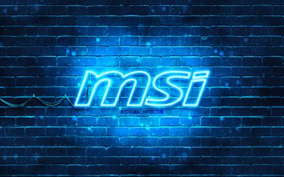 MSI blue logo, 4k, blue brickwall, MSI logo, brands, MSI neon logo, MSI