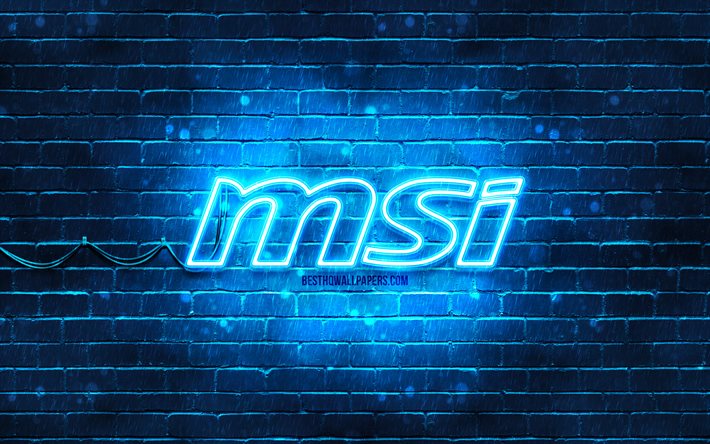 msi blaues logo, 4k, blaue ziegelmauer, msi logo, marken, msi neon logo, msi
