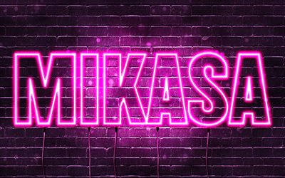 Happy Birthday Mikasa, 4k, pink neon lights, Mikasa name, creative, Mikasa Happy Birthday, Mikasa Birthday, popular japanese female names, picture with Mikasa name, Mikasa