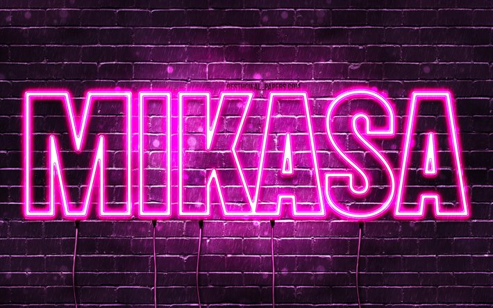 Doğum g&#252;n&#252;n kutlu olsun Mikasa, 4k, pembe neon ışıkları, Mikasa adı, yaratıcı, Mikasa Doğum g&#252;n&#252;n kutlu olsun, Mikasa Doğum g&#252;n&#252;, pop&#252;ler Japon bayan isimleri, Mikasa adıyla resim, Mikasa