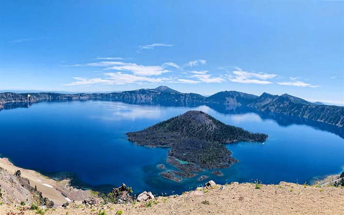Crater Lake, summer, mountains, beautiful nature, USA, Crater Lake National Park, America, Crater Lake in summer
