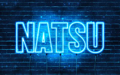 Feliz Anivers&#225;rio Natsu, 4k, luzes de n&#233;on azuis, nome Natsu, criativo, Natsu Feliz Anivers&#225;rio, Natsu Anivers&#225;rio, nomes masculinos japoneses populares, foto com o nome Natsu, Natsu