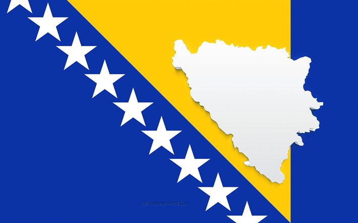 Bosnia ja Hertsegovinan karttasiluetti, Bosnia ja Hertsegovinan lippu, lipun siluetti, Bosnia ja Hertsegovina, 3d Bosnia ja Hertsegovinan karttasiluetti, Bosnia ja Hertsegovinan 3d kartta