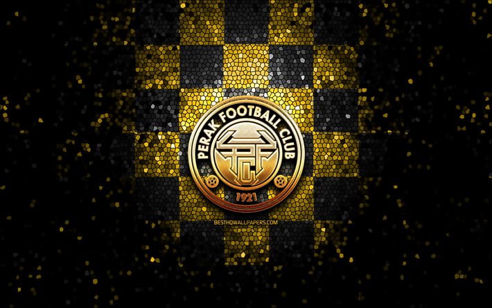 Perak FC, logo glitter, Malaysia Super League, giallo, nero, sfondo a scacchi, calcio, squadra di calcio malese, Perak FC logo, arte del mosaico, FC Perak