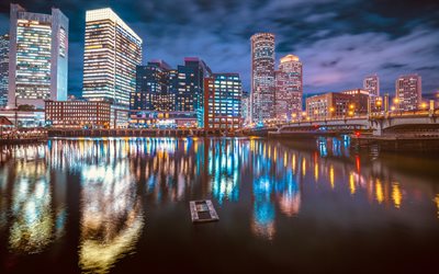 Boston, sera, Evelyn Moakley Bridge, Fort Point Channel, paesaggio urbano di Boston, notte, Massachusetts, USA