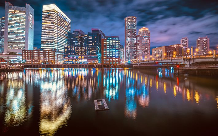 Boston, akşam, Evelyn Moakley K&#246;pr&#252;s&#252;, Fort Point Kanalı, Boston şehir manzarası, gece, Massachusetts, ABD