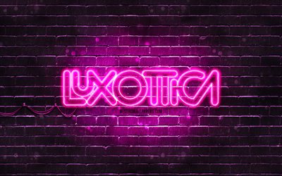 Luxottica purple logo, 4k, purple brickwall, Luxottica logo, brands, Luxottica neon logo, Luxottica