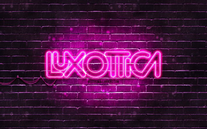 Luxottica violetti logo, 4k, violetti tiilisein&#228;, Luxottica logo, tuotemerkit, Luxottica neon logo, Luxottica