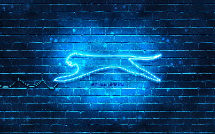 Logotipo azul Slazenger, 4k, parede de tijolos azul, logotipo Slazenger, marcas, logotipo Slazenger neon, Slazenger