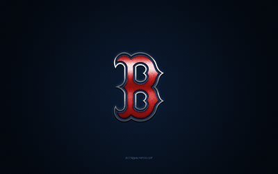 Boston Red Sox emblem, American baseball club, red logo, blue carbon fiber background, MLB, Boston Red Sox Insignia, baseball, Boston, USA, Boston Red Sox