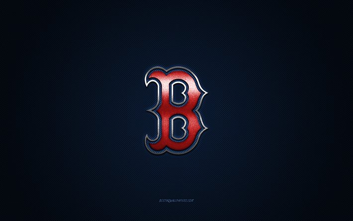 ボストンレッドソックスのエンブレム, アメリカの野球クラブ, 赤いロゴ, 青い炭素繊維の背景, MLB, ボストンレッドソックスの記章, 野球。, ボストン, 米国, ボストン・レッドソックス