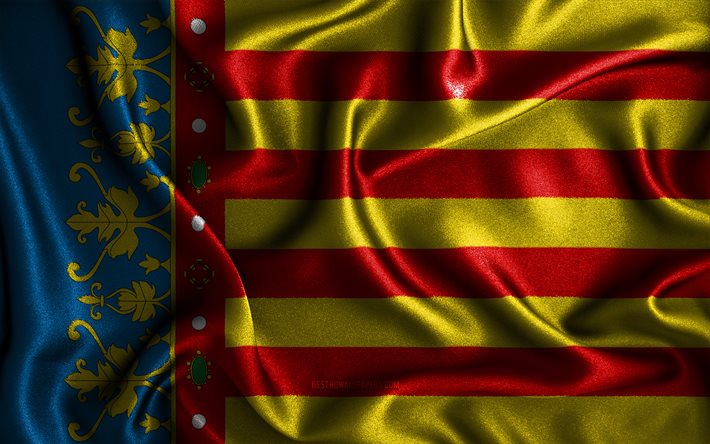 Bandiera di Valencia, 4k, bandiere ondulate di seta, citt&#224; spagnole, Giorno di Valencia, bandiere in tessuto, arte 3D, Valencia, citt&#224; della Spagna, bandiera 3D di Valencia