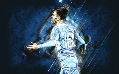Jack Grealish, Manchester City FC, English footballer, Premier League, England, soccer, blue stone background, grunge art