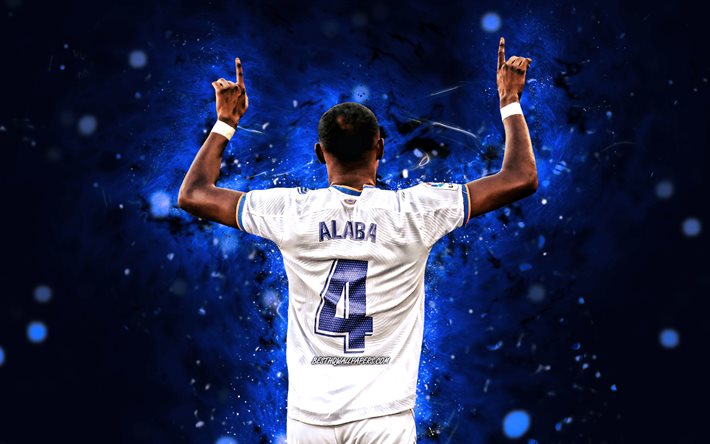 4k, David Alaba, vista posteriore, Real Madrid FC, luci al neon blu, calciatori austriaci, La Liga, David Olatokunbo Alaba, calcio, Real Madrid CF, LaLiga, David Alaba Real Madrid, David Alaba 4K