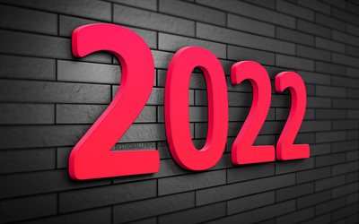 2022 cifre 3D rosa, 4k, muro di mattoni grigi, 2022 concetti aziendali, Felice Anno Nuovo 2022, creativo, 2022 anno nuovo, 2022 cifre dell&#39;anno, 2022 su sfondo grigio, 2022 concetti