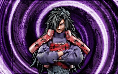 4k, Madara Uchiha, violet grunge background, Naruto characters, protagonist, Naruto, vortex, Uchiha Madara, samurai, manga, Madara Uchiha Naruto
