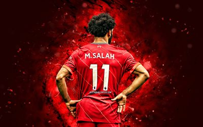 Mohamed Salah, vista posterior, Liverpool FC, 4k, luces de ne&#243;n rojas, futbolistas egipcios, f&#250;tbol, Premier League, Mohamed Salah 4K, Mo Salah, Mohamed Salah Liverpool