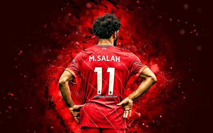Mohamed Salah, bakifrån, Liverpool FC, 4k, röda neonljus, egyptiska fotbollsspelare, fotboll, Premier League, Mohamed Salah 4K, Mo Salah, Mohamed Salah Liverpool