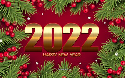 Felice Anno Nuovo 2022, 4k, Rosso Natale sfondo, cornice dell&#39;albero di Natale, 2022 Anno nuovo, 2022 concetti, 2022 Sfondo oro