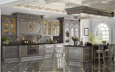classico della cucina di design, cucina grigio interni classici, di design, elementi in oro