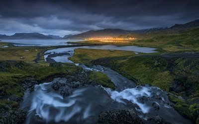 海岸, 夕日, 夜, 湾, 山々, アイスランド