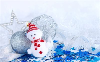 Snowman, New Year, silver balls, snow