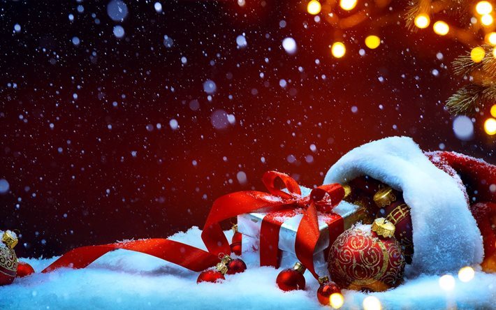 neues jahr, geschenke, winter, schnee, rote weihnachtskugeln