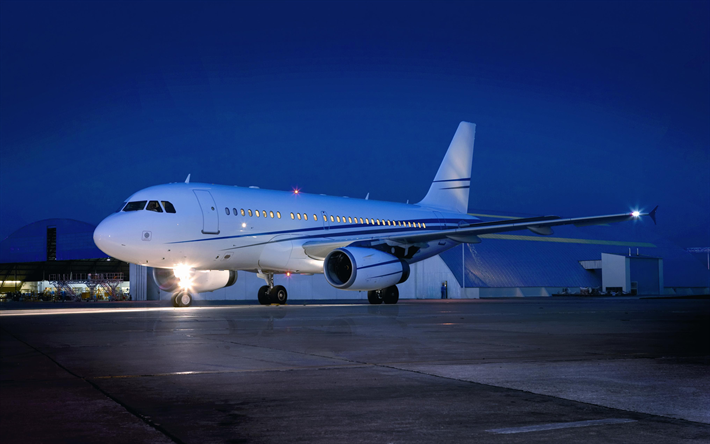 Airbus 319 Jet d&#39;affaires, 4k, avion de passagers, de nuit, avion, a&#233;roport, Airbus