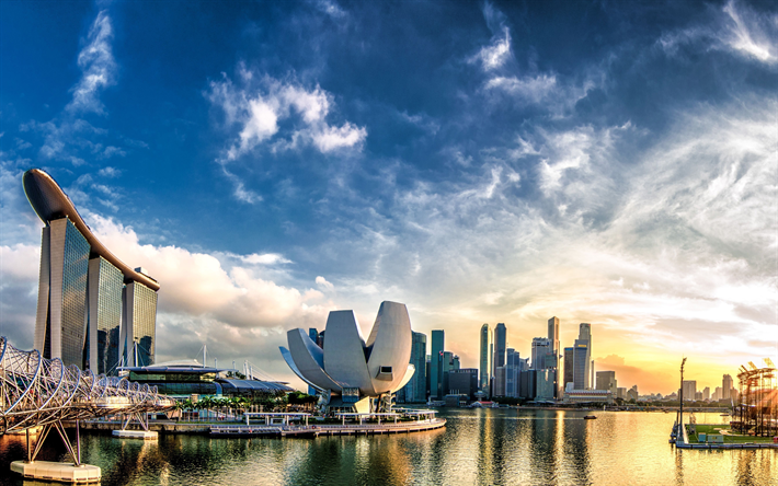 Singapur, 4k, panorama, Marina Bay, G&#252;n batımı, g&#246;kdelenler, Asya