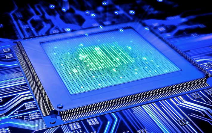 modern technology, 4k, chip, CPU, neon light, motherboard, computers