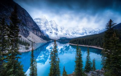 4k, Moraine Lake, darkness, Banff, mountains, blue lake, Banff National Park, Alberta, Canada