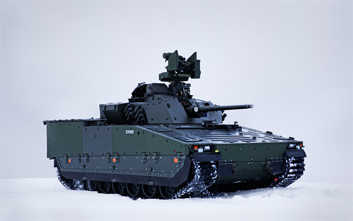 cv90, Stridsfordon 90, Strf 90, Combat Vehicle 90, Swedish tracked combat vehicles, FMV, 4k, Sweden, winter, snow