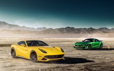 Ferrari F12berlinetta, amarillo sport auto, Mercedes-Benz GTR, supercar, verde del coche de los deportes