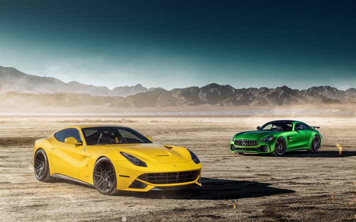 Ferrari F12berlinetta, amarelo carro esporte, A Mercedes-Benz GTR, supercar, carro esportivo verde