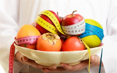 slimming, diet concepts, 4k, apples, measuring yellow ribbon, fruit, weight loss concepts