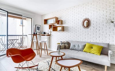 stylish interior, living room, modern design, white walls, 4k