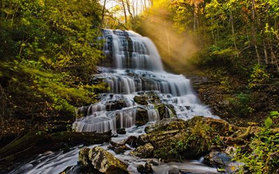 vattenfall, skogen, sunset, kv&#228;ll, rock, berg