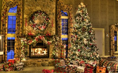 السنة الجديدة, مساء, الموقد, شجرة عيد الميلاد, ضوء المصابيح, احتفالية مساء