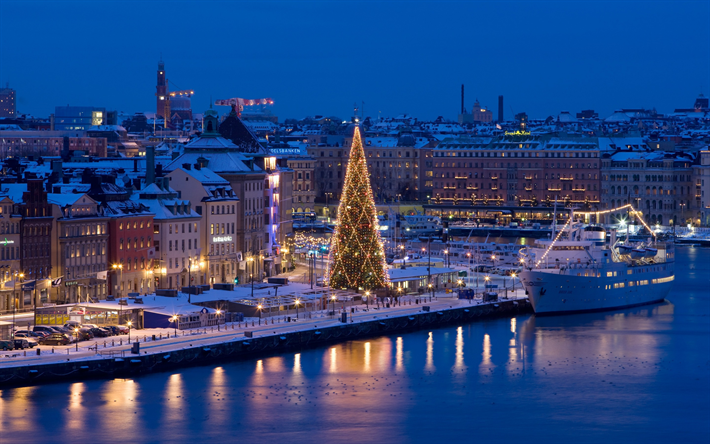 Stockholm, New Year, Christmas tree, embankment, Sweden
