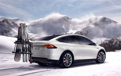 Tesla Model X, 2017, el&#233;trico de crossover, 4k, Modelo branco X, carros novos, esqui de transporte, prancha de snowboard, Tesla