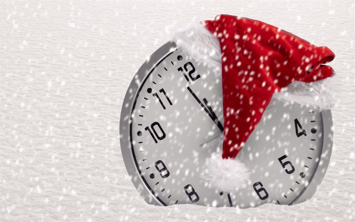 على مدار الساعة, السنة الجديدة, منتصف الليل, الثلوج, الوقت, عيد الميلاد قبعة حمراء