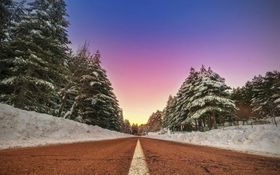Tie, talvi, mets&#228;, USA, sunset, illalla, asfaltti tie