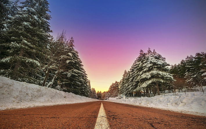 Road, winter, forest, USA, sunset, evening, asphalt road