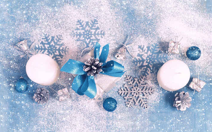 السنة الجديدة, الشموع البيضاء, هدية, الحرير الأزرق الأقواس, الديكور, الشتاء, الثلوج