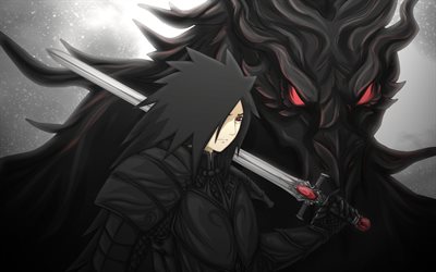 Uchiha Madara, Japanese manga, characters, black dragon, sword, naruto shippuden