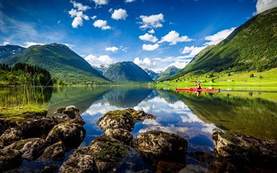 El condado de Sogn y Fjordane, 4k, el verano, el lago, Noruega, Europa