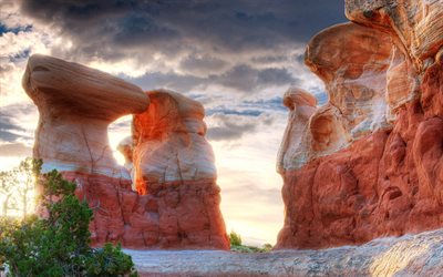 4k, Monument Valley, rochas, HDR, penhascos, Utah, p&#244;r do sol, Am&#233;rica, EUA